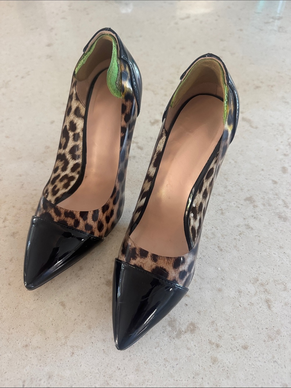 Leopard Print Pointed Toe Pumps with Black Patent Cap